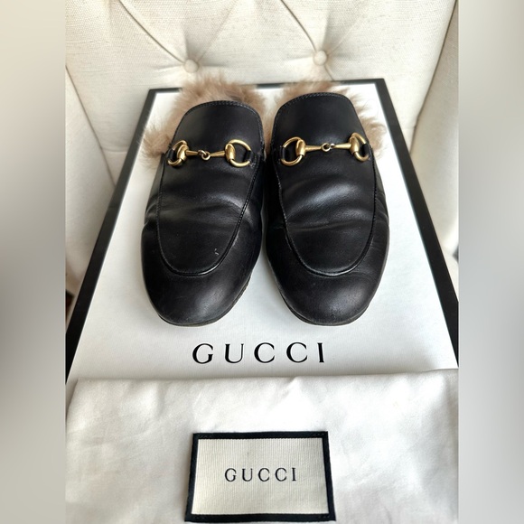 GUCCI - Black Princetown Fur Leather Mule Loafers -  Size 36 - Picture 5 of 5